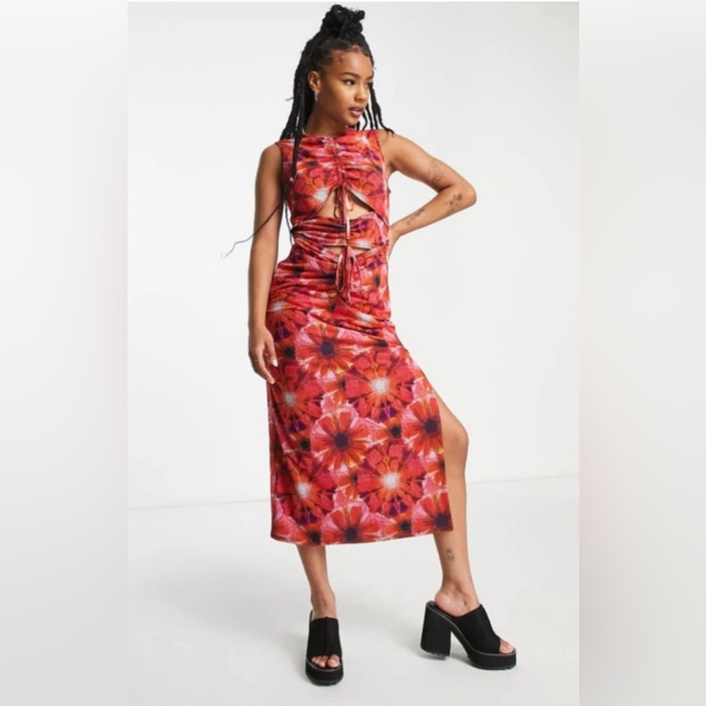 TOPSHOP Floral Mesh Midi Cutout Dress